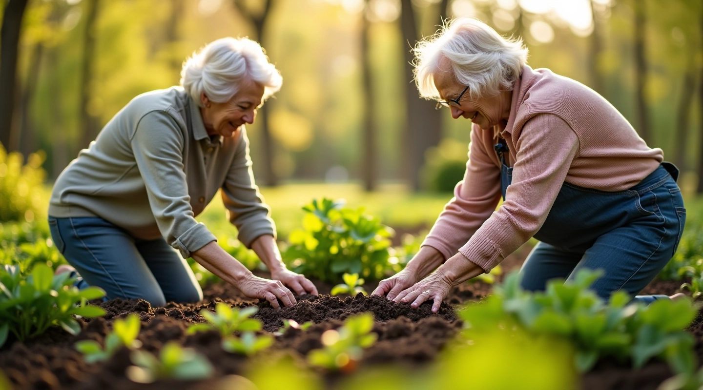 Seniorzy wspólnie pracujący w ogrodzie działkowym, sadzenie warzyw wiosną