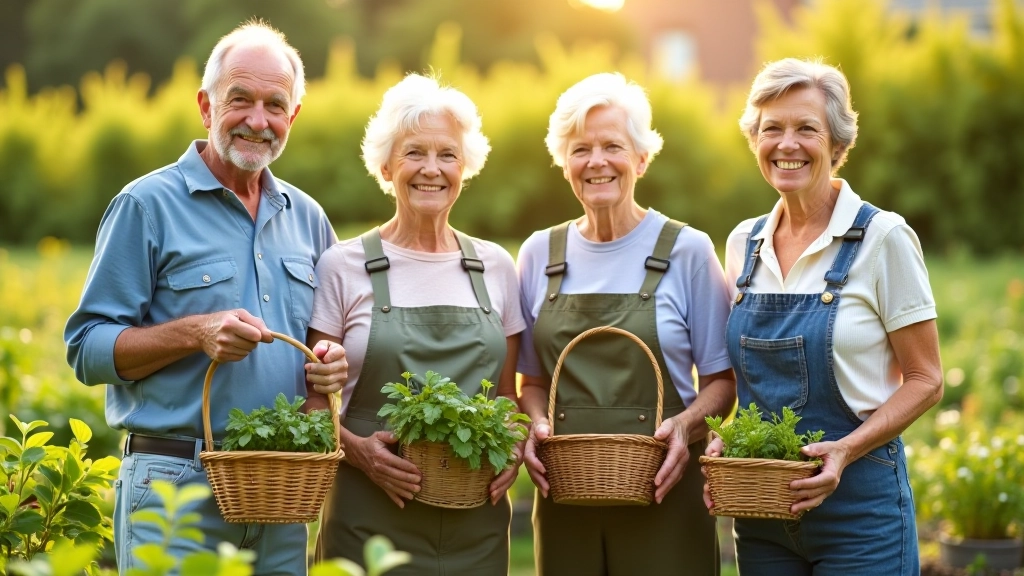 Grupa czterech seniorów stojących w ogrodzie, uśmiechających się i trzymających koszyki z warzywami